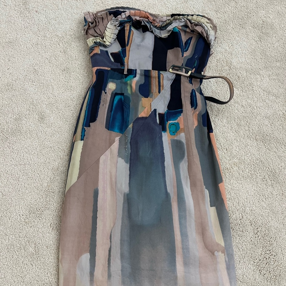 Catherine Malandrino Strapless Dress in Blue and Beige Abstract